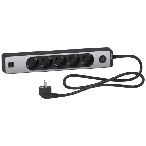 Подовж 5 роз з заз.+2*USB алюм/чорн 1.5м Подовж 5 роз з заз.+2*USB алюм/чорн 1.5м