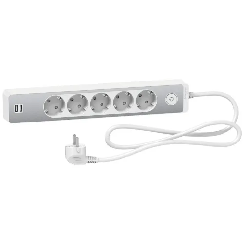 Подовж 5 роз. з заз+2*USB алюм/біл 1.5 м Подовж 5 роз. з заз+2*USB алюм/біл 1.5 м